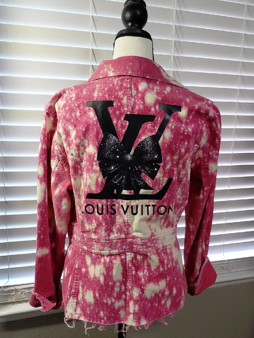 Upcycled Pink Bleached Jacket with Large Back LV Logo & Rhinestones. Size Med
